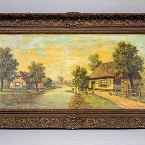 Schilderij boerderijen bij sloot, Pieter van Schaik (1910 – 1999)