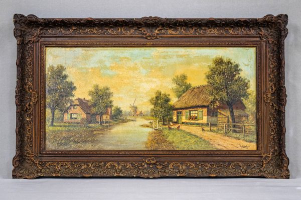 © www.070fotograaf.nl_20251120_FVDL-070fotograaf.nl_Kunst-Webwinkel Schroeder_5560 Schilderij boerderijen bij sloot, Pieter van Schaik (1910 – 1999)